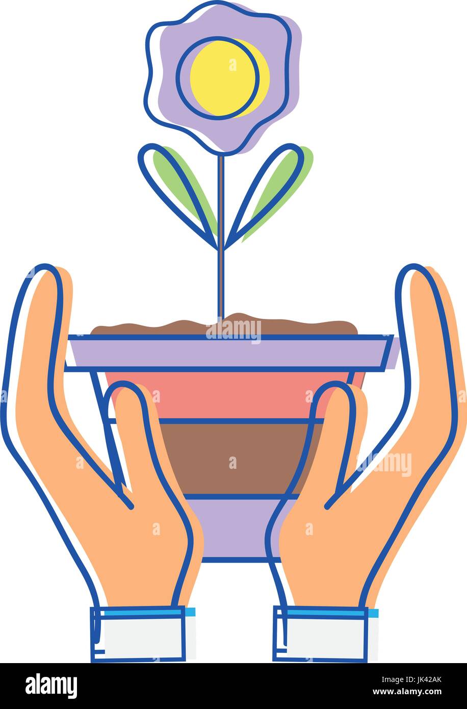flower with petals and leaves inside plantpot in the hands Stock Vector