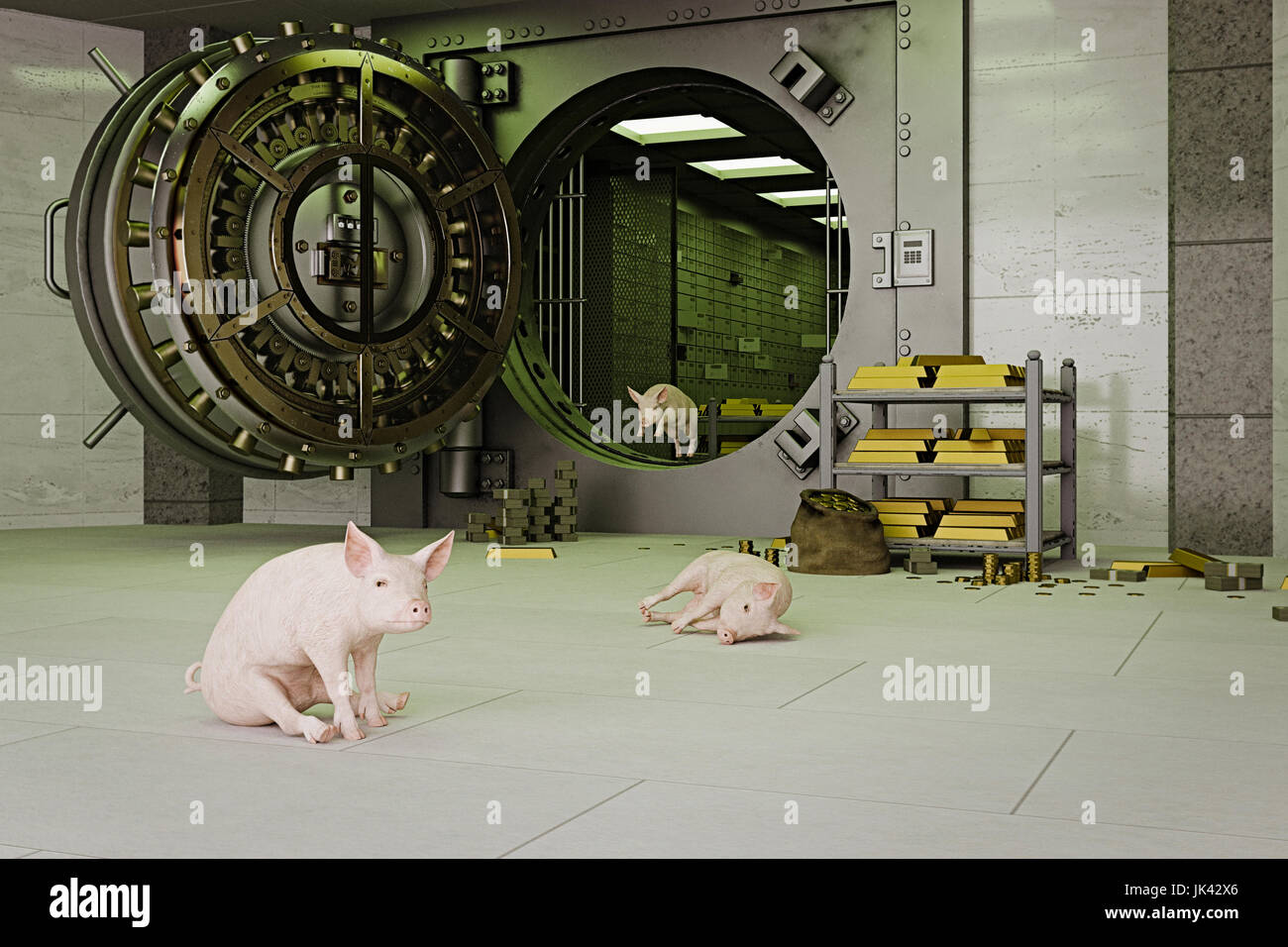 Pigs escaping from vault Stock Photo