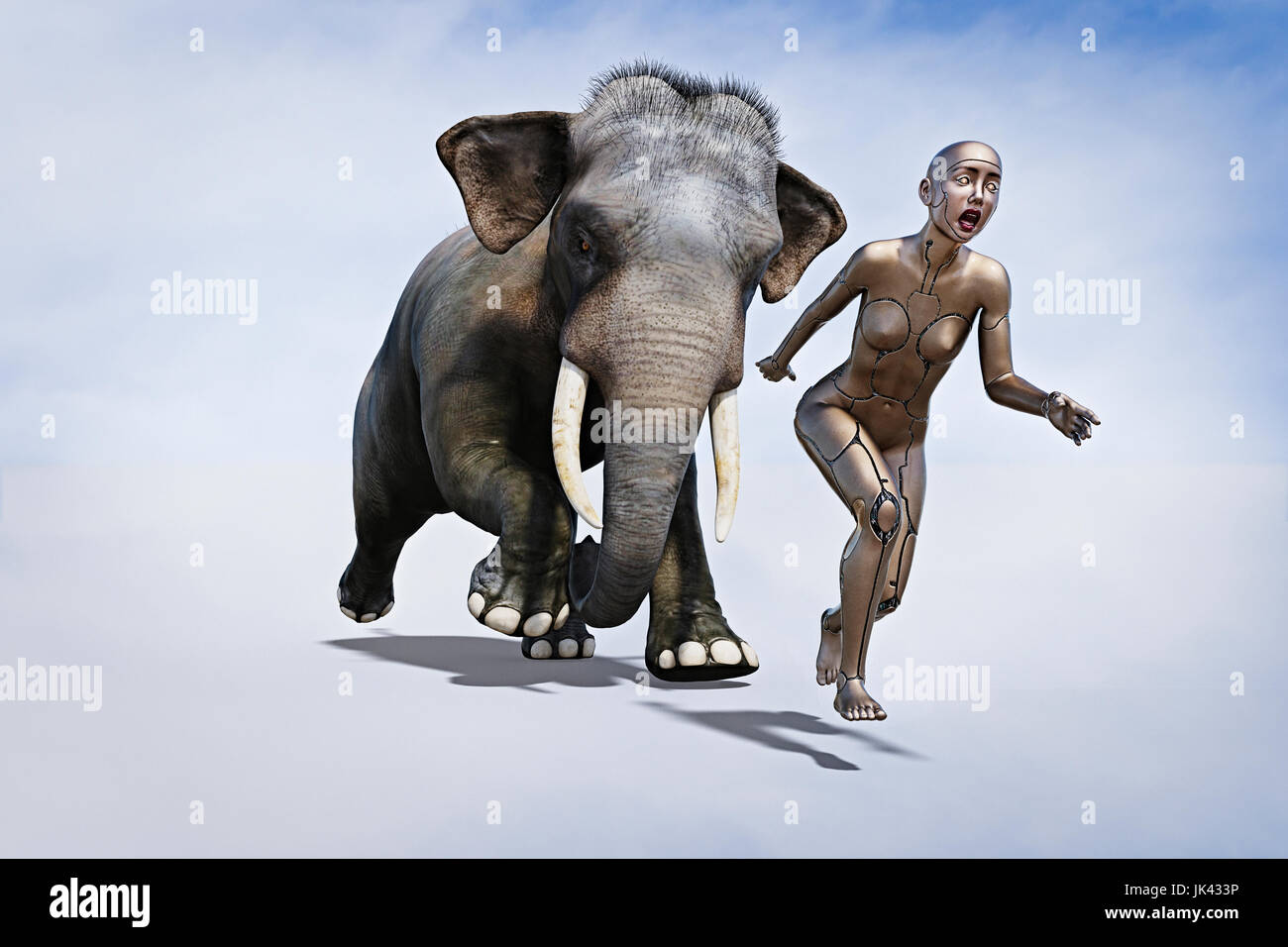 Elephant chasing robot woman Stock Photo