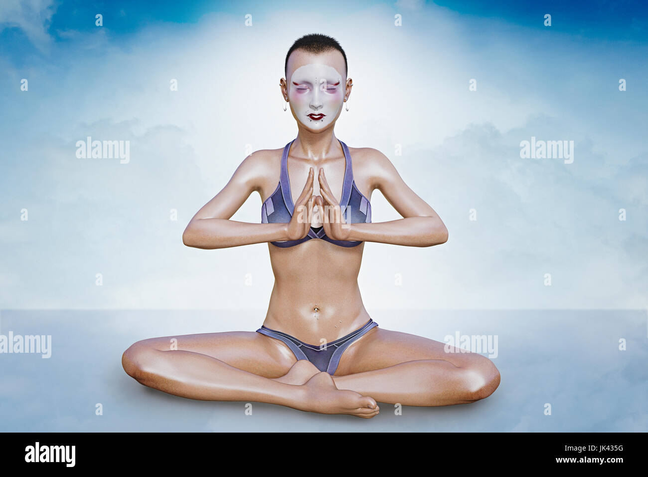 Woman wearing face paint meditating Stock Photo