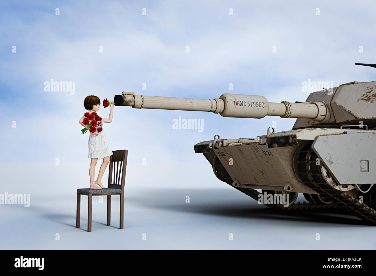 Girl placing flowers in gun barrel of tank Stock Photo