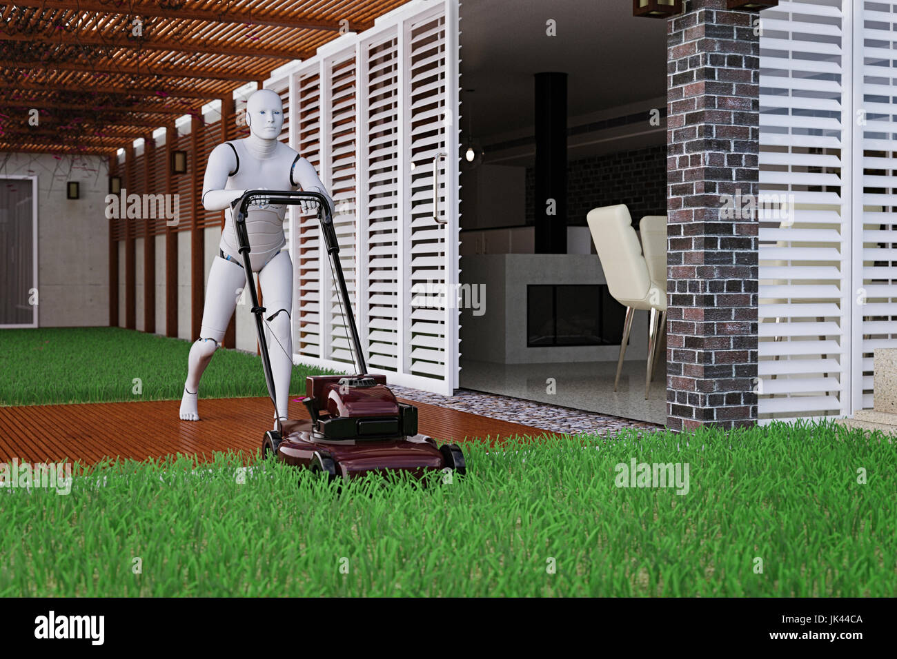 Robot man mowing grass with lawnmower Stock Photo