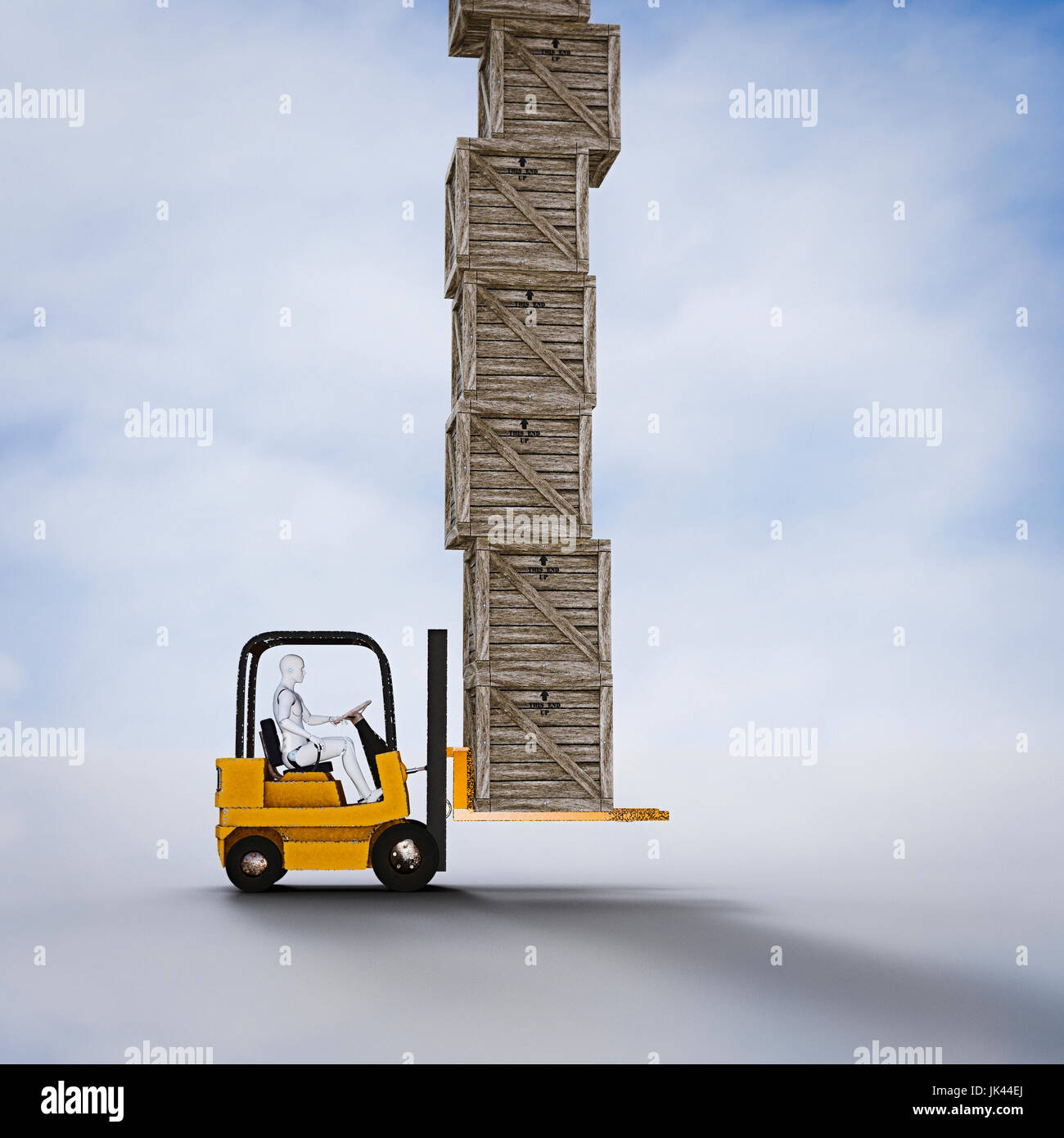 Robot driving forklift carrying tall pile of wooden crates Stock Photo