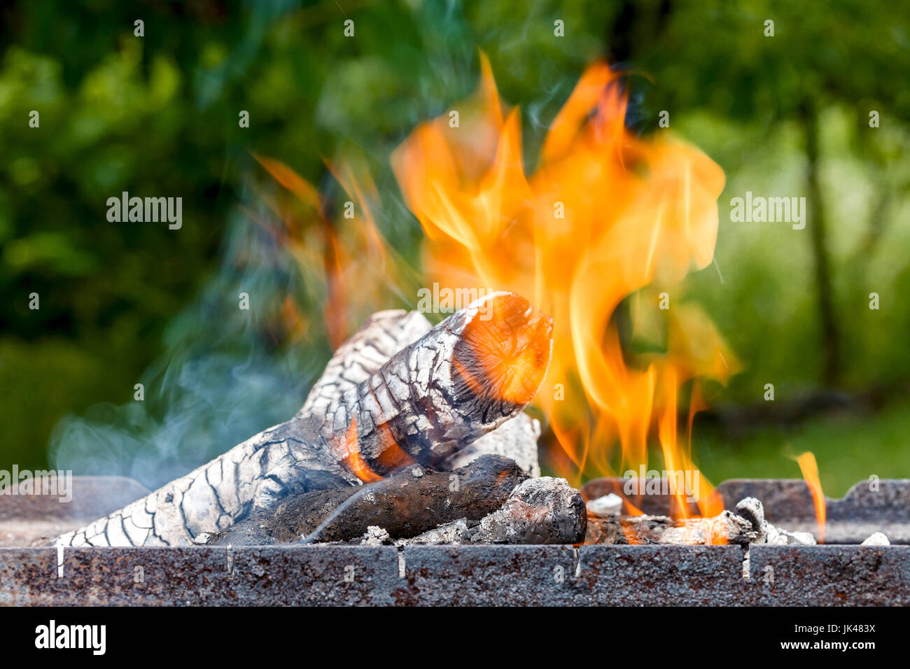 Logs burn with a bright flame. Outdoors. Stock Photo