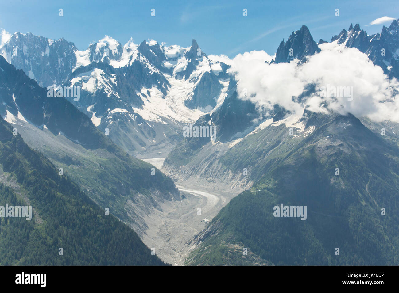 Valley and glacier of Mer de Glace in the French Alps above Chamonix. Stock Photo
