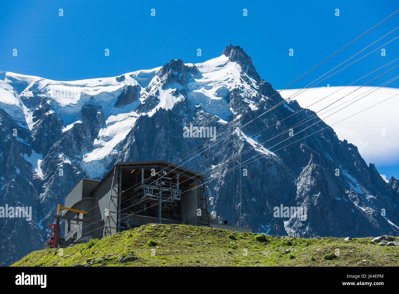 Gondola station in the mountains. Ice, snow, and glaciers cling to the sides of Mont Blanc in the french Alps Stock Photo