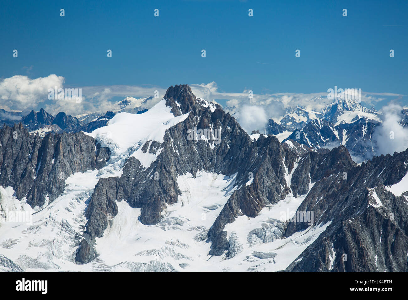 Ice, snow, and glaciers cling to the sides of Mont Blanc in the french Alps Stock Photo