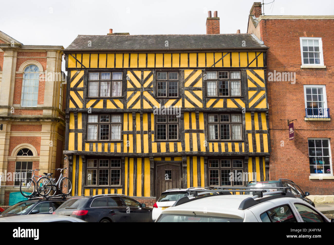 A historic yellow timberframed house of the seventeenth century on Broad Street, Ludlow