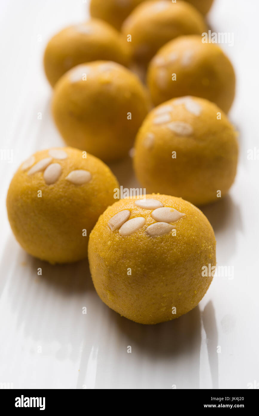 Besan (gram flour) laddoos, an Indian sweet food "Besan Laddu Stock
