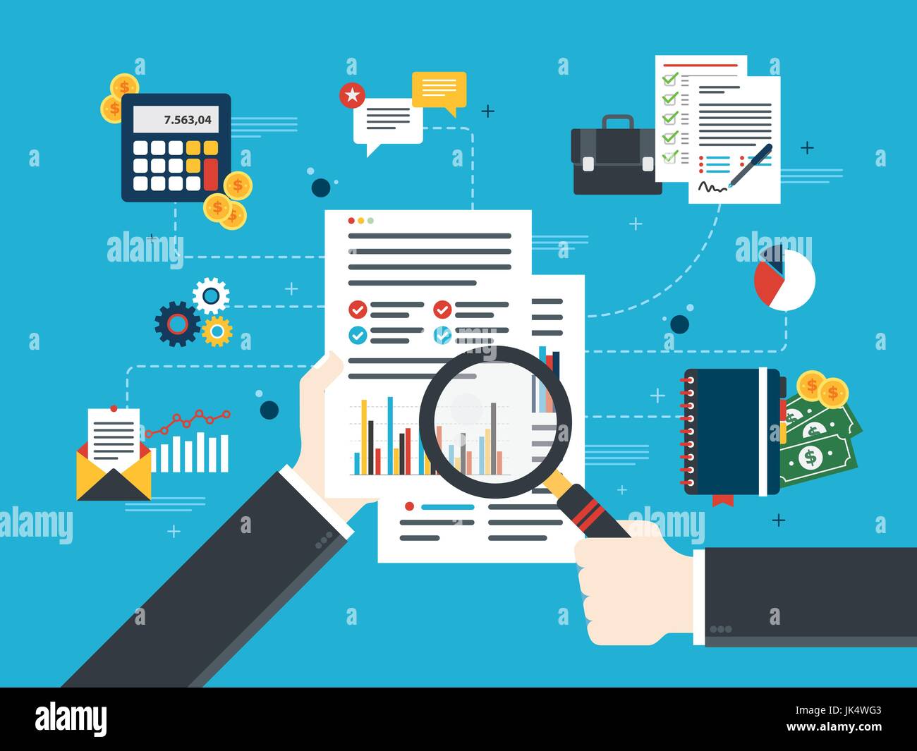 Hand with magnifying glass, analysis of documents with charts. Calculations of rate, investment and tax. Concept of financial investment, analytics wi Stock Vector
