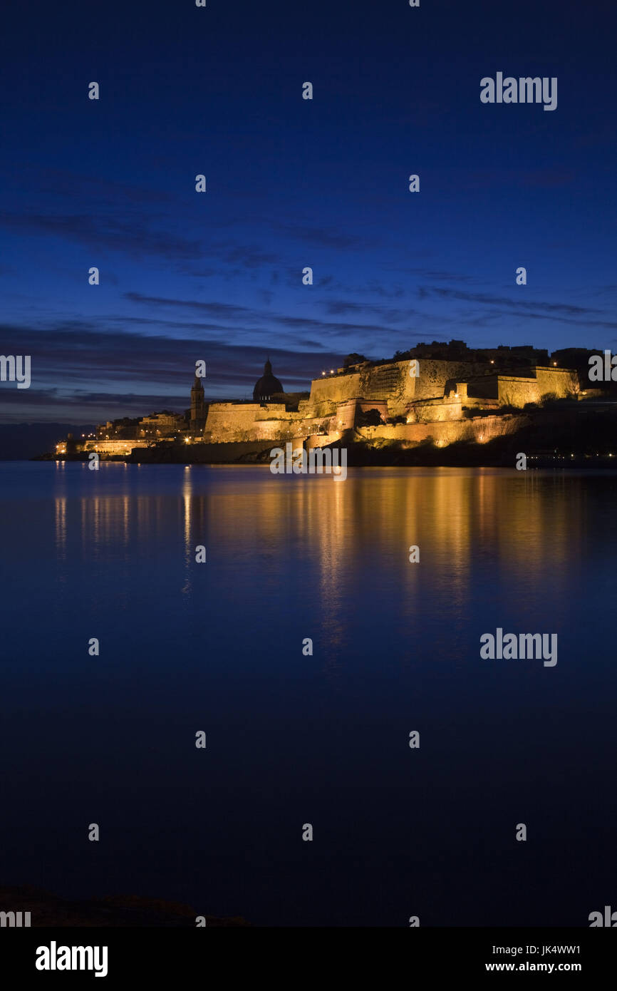 Malta, Valletta, Marsamxett Harbor and city walls, dawn Stock Photo