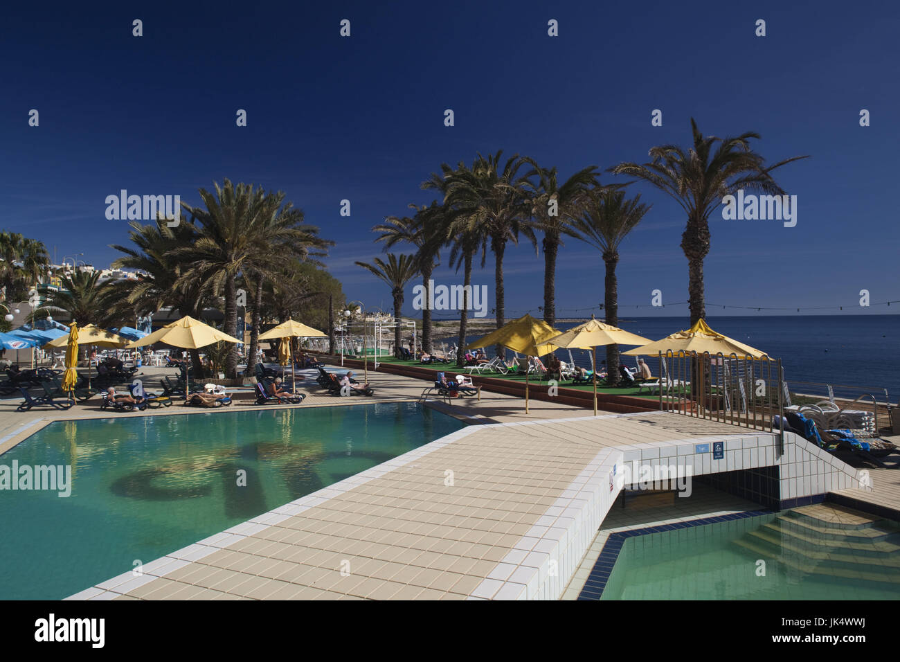 Malta, St. Paul's Bay area, Qawra, Qawra Palace Hotel pool area Stock Photo