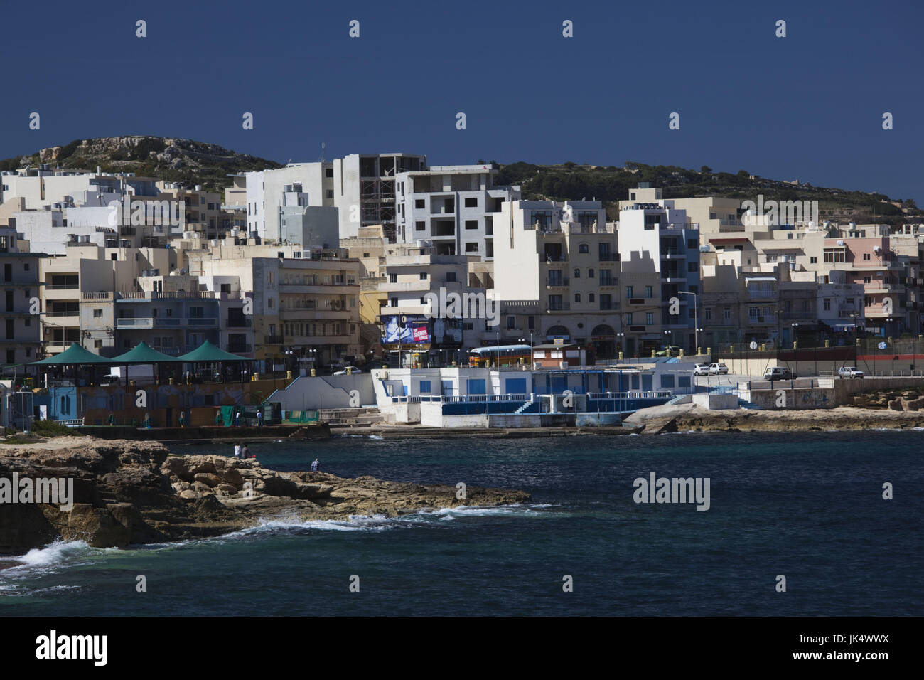 Malta, St. Paul's Bay area, Bugibba, town waterfront Stock Photo