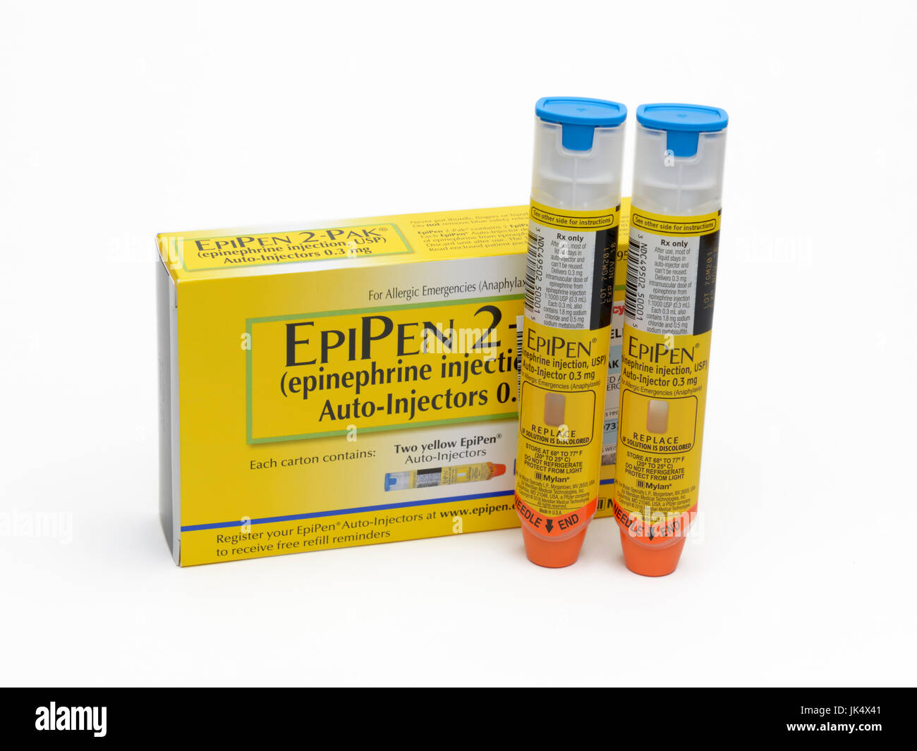 EpiPen auto-injectors manufactured by Mylan Pharmaceuticals Stock Photo