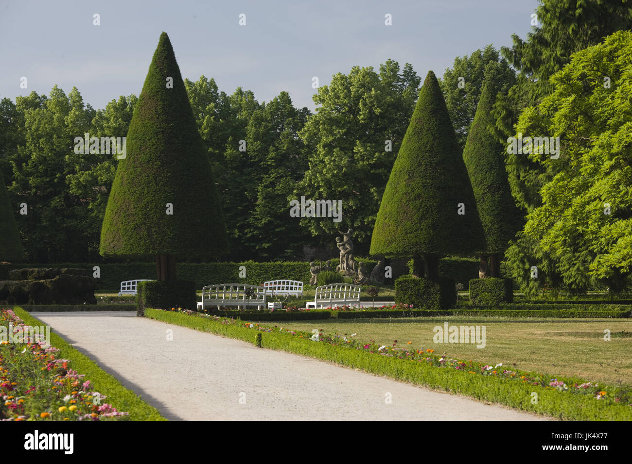 Germany, Bavaria, Würzburg, Hofgarten, pointy trees, Stock Photo