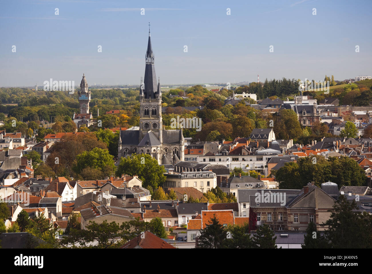 France, Marne, Champagne Region, Epernay, town overview with Eglise Notre Dame church Stock Photo