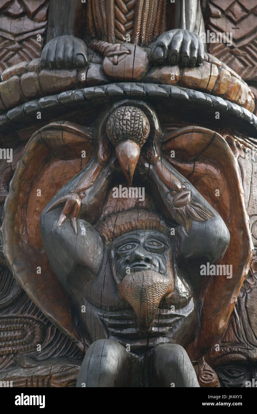 New Caledonia, Grande Terre Island, Noumea, Polynesian Carving, Detail, on the MWA KA totem Pole, Stock Photo