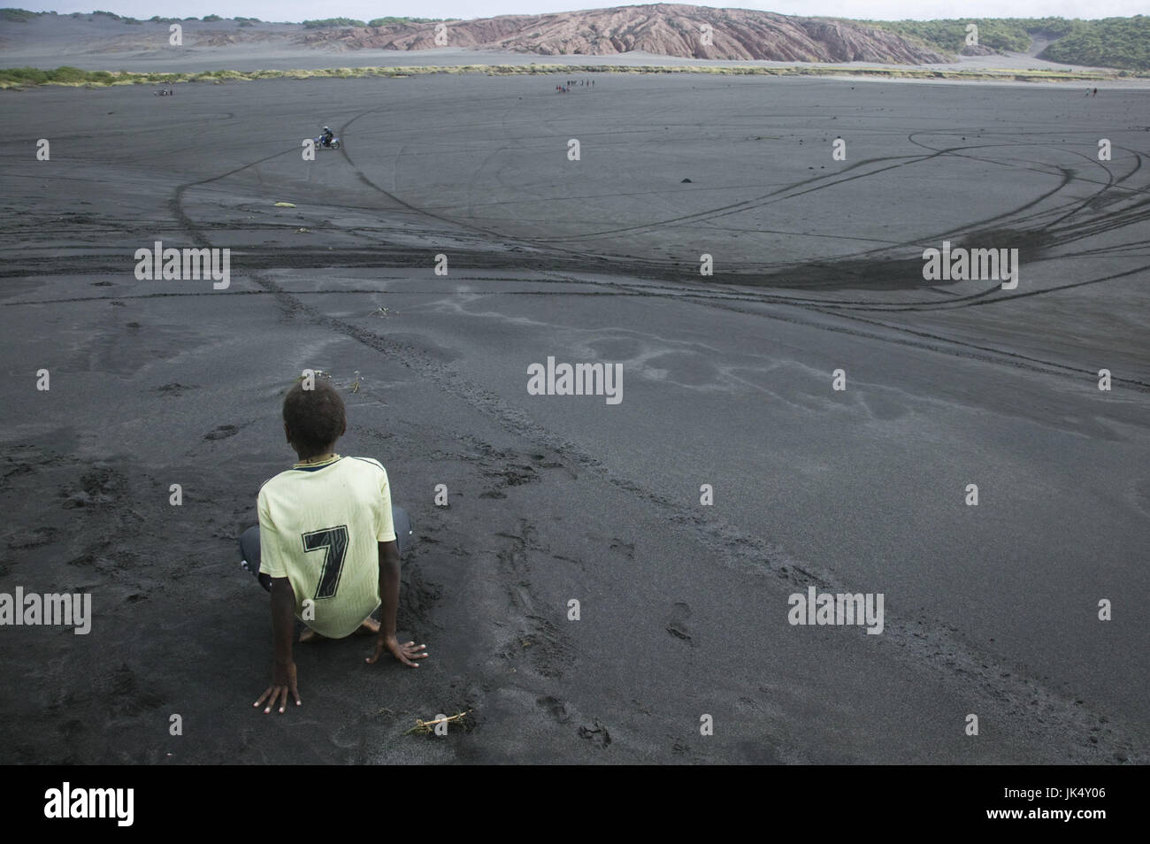 Vanuatu, Tanna Island, Mt. Yasur Volcano, elevation 361 meters, Islanders, no model release, at Moto Cross Race on the Volcano Ash Plain, Stock Photo