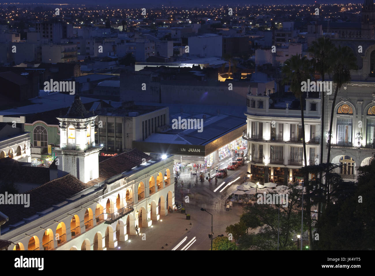 Argentina, Salta Province, Salta, Plaza 9 de Julio and Museo Historico del Norte, aerial, evening Stock Photo