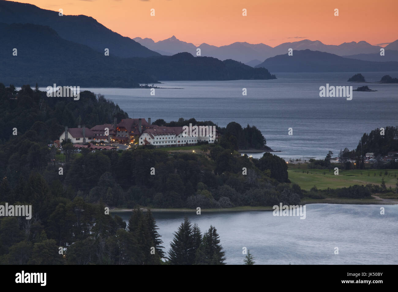 Argentina, Rio Negro Province, Lake District, Llao Llao, Hotel Llao Llao and Lake Nahuel Huapi, dusk Stock Photo