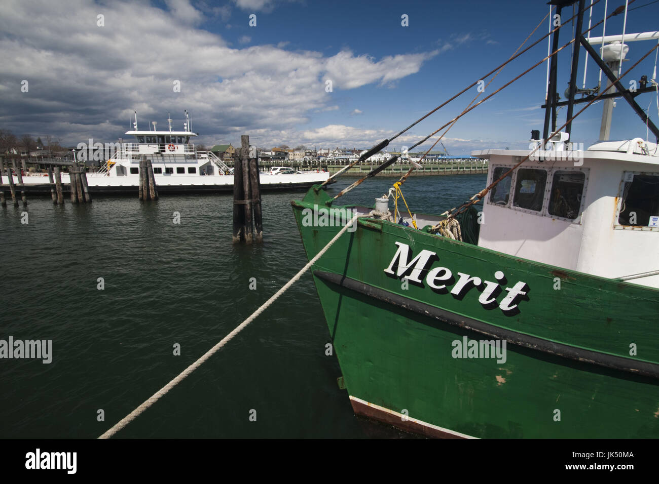 USA, New York, Long Island, Greenport, fishing boat and Shelter Island