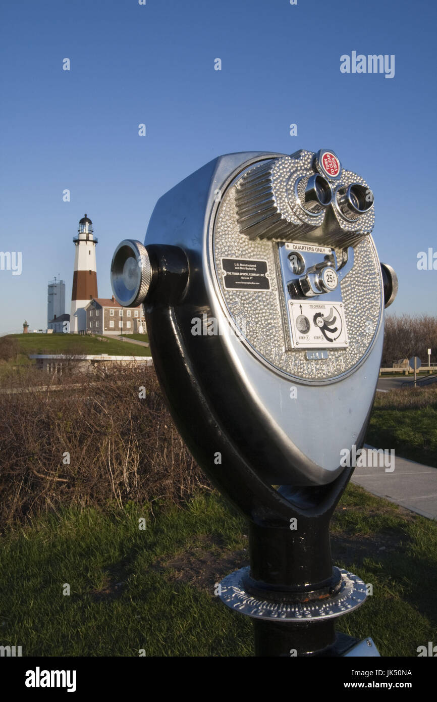 USA, New York, Long Island, Montauk, Montauk Point LIghthouse and binoccular, sunset Stock Photo