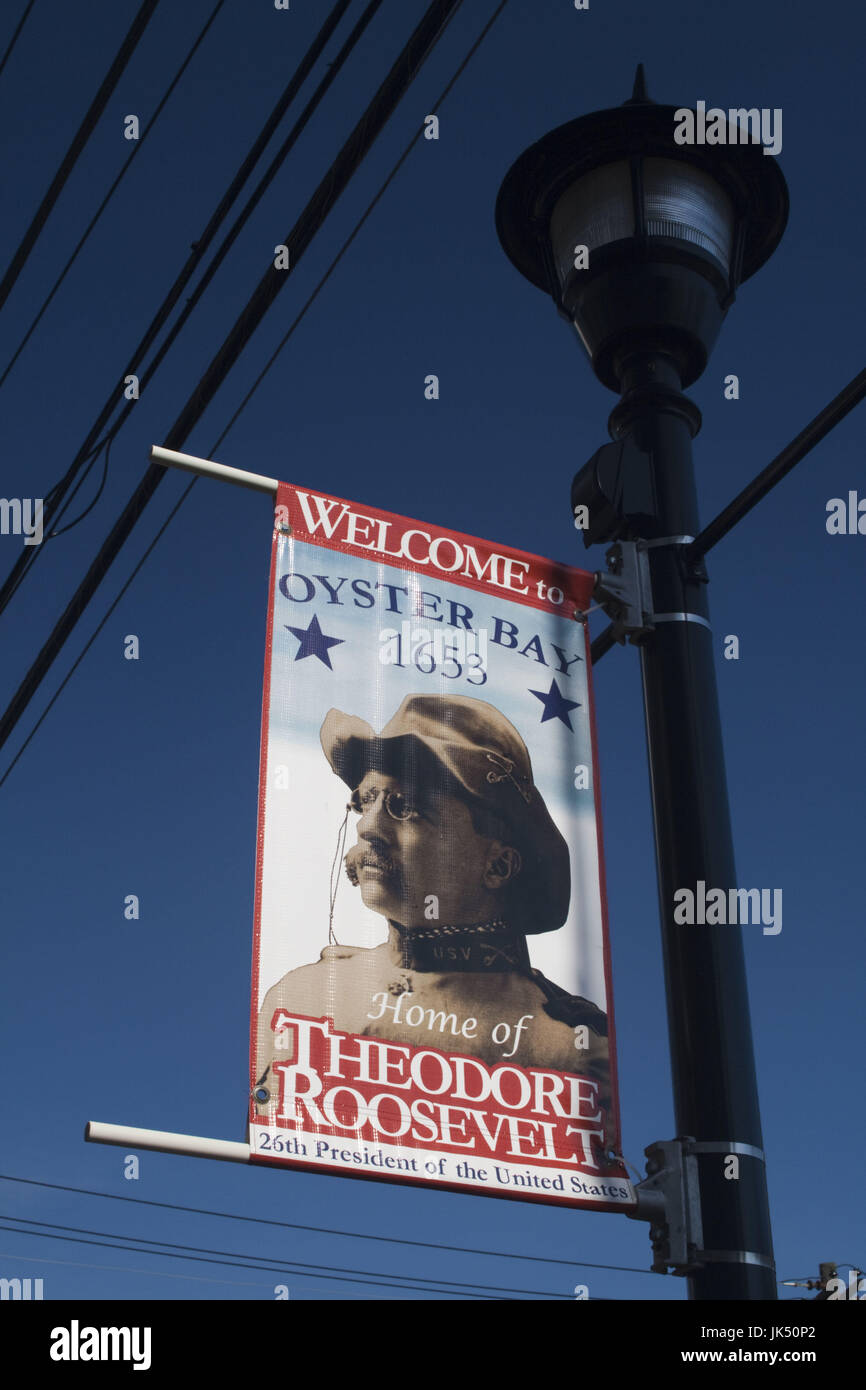 USA, New York, Long Island, Oyster Bay, signs with US President Theodore Roosevelt image Stock Photo