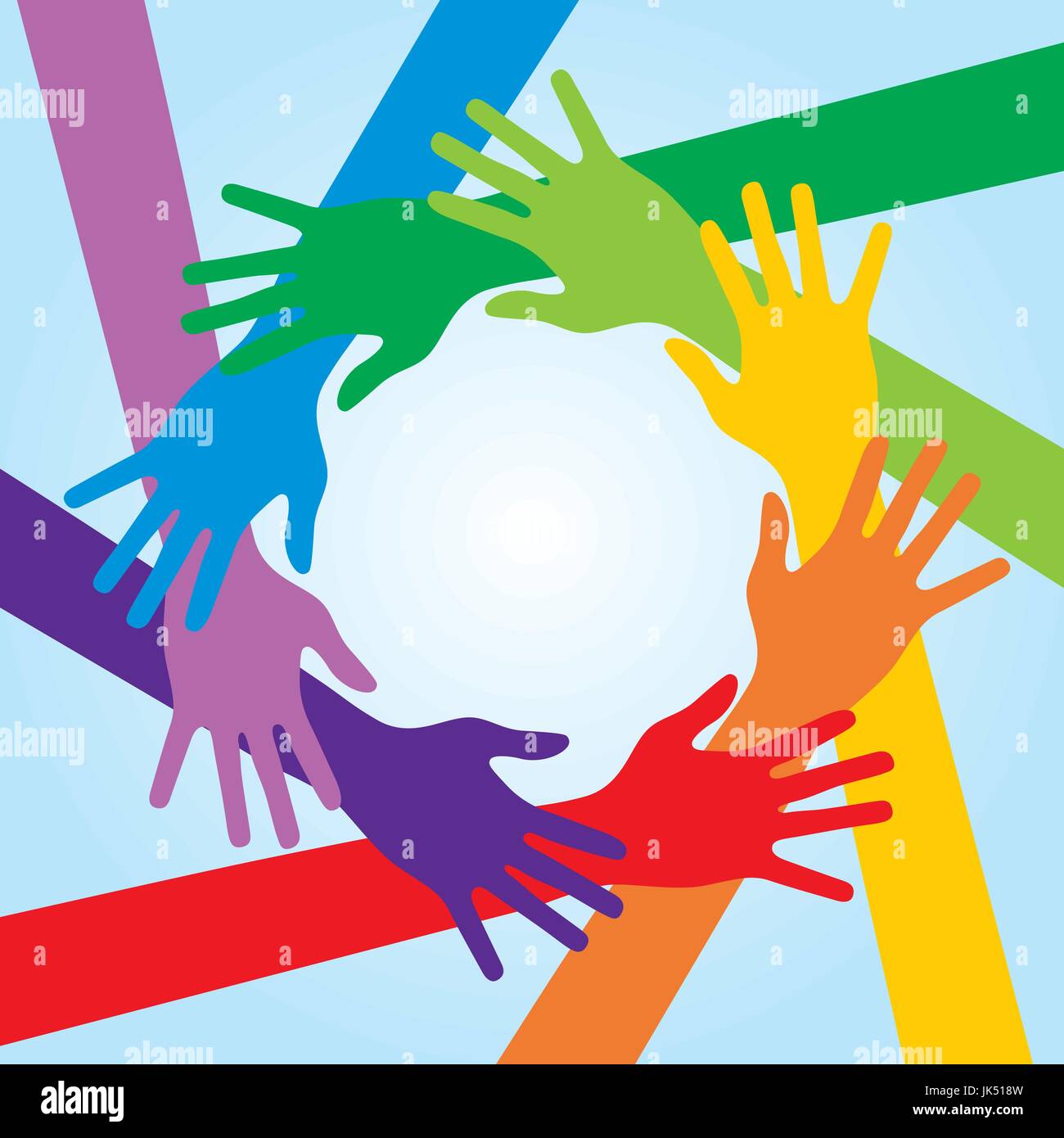 Human arms around colorful and next. Concept of cooperation and helps volunteers and human diversity Stock Vector