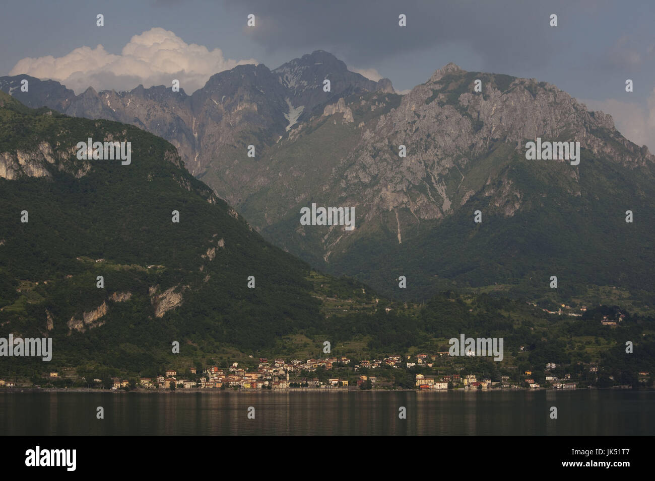 Italy, Lombardy, Lakes Region, Lake Como-Lake Lecco, Lierna, town and mountains of the Grigne Regional Park Stock Photo