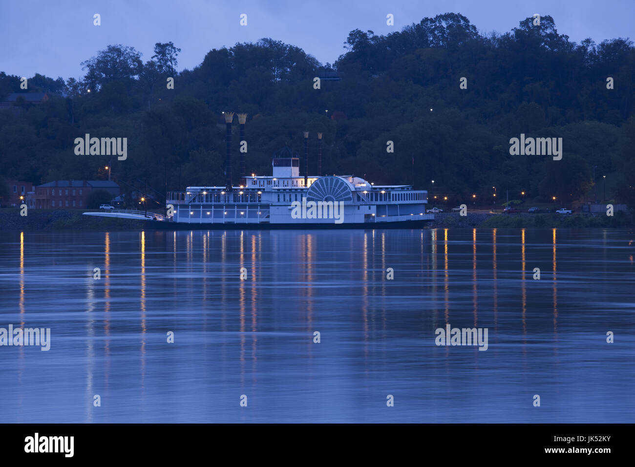 USA, Mississippi, Natchez, Natchez Under the Hill, former red-light area, with Isle of Capri Casino riverboat, dawn Stock Photo