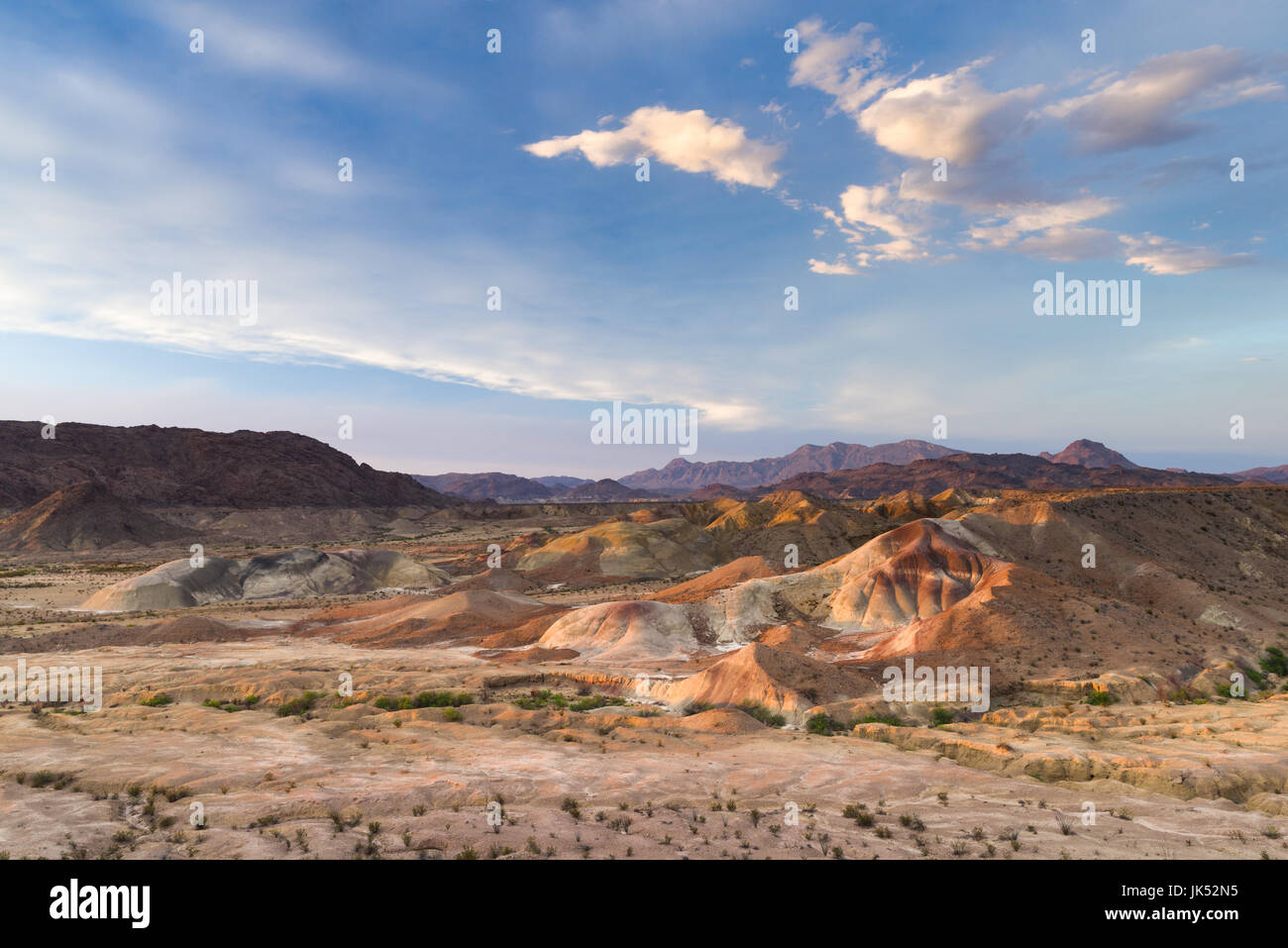 Big Bend Badlands in late afternoon sunlight showing hills and formations, Big Bend National Park, Texas, USA Stock Photo
