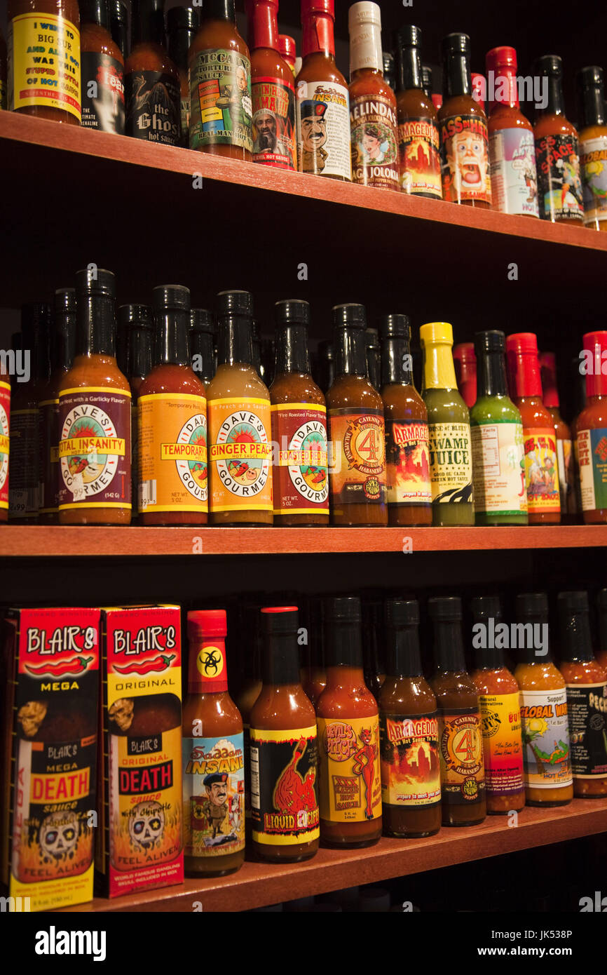 USA, Louisiana, New Orleans, bottles of various hotsauces Stock Photo