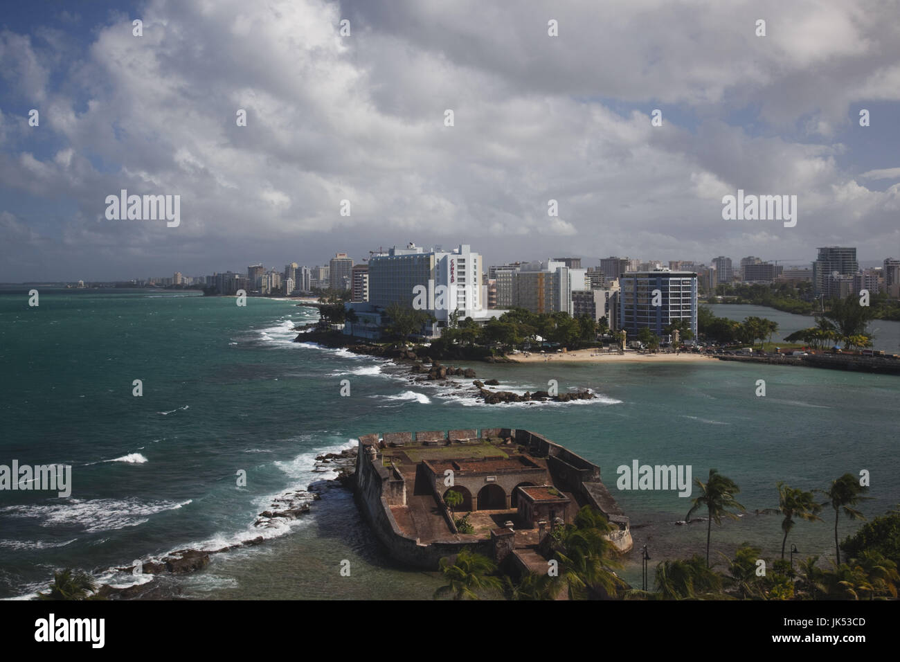 Puerto Rico, San Juan, elevated view of Condado hotels and Fuerte San