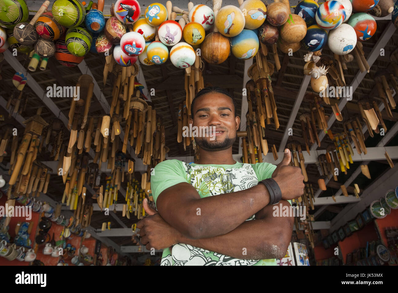 Dominican Republic, Punta Cana Region, Bavaro, beach souvenir shop salesman, R, MR DRE 09 12 Stock Photo
