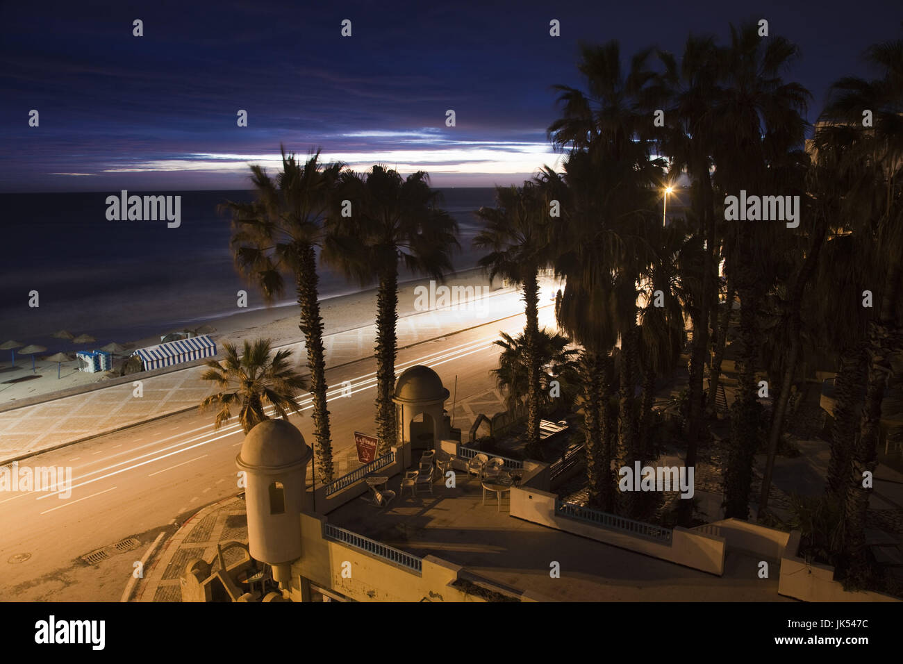 Tunisia, Tunisian Central Coast, Sousse, dawn over Rue Hedi Chaker and Boujaffar Beach Stock Photo