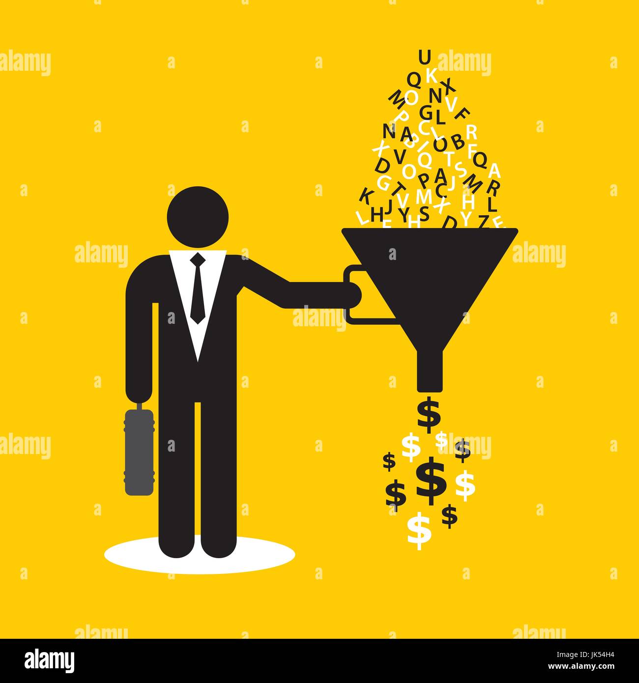 Funnel converting alphabet letters in symbol money. Businessman icon