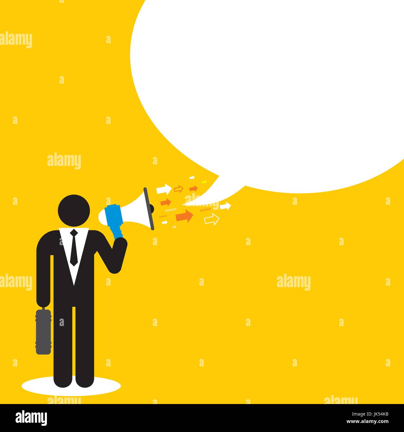Businessman talking announcement by business in megaphone. Business concept in vector illustration. Stock Vector
