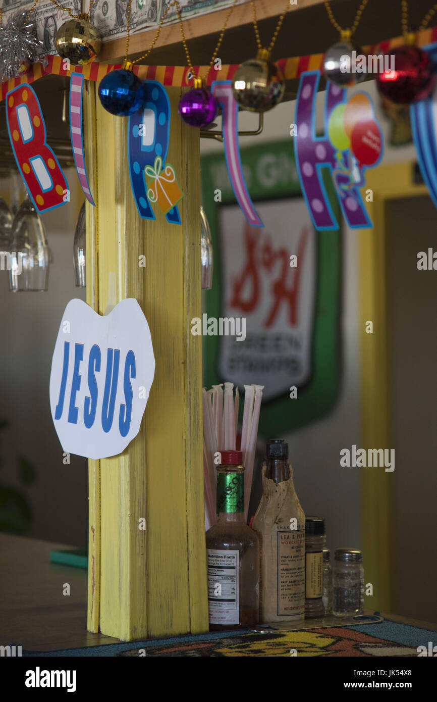 USA, Arizona, Seligman, Rt. 66 Town, Jesus sign in Rt. 66 Pizza Joint Stock Photo Alamy
