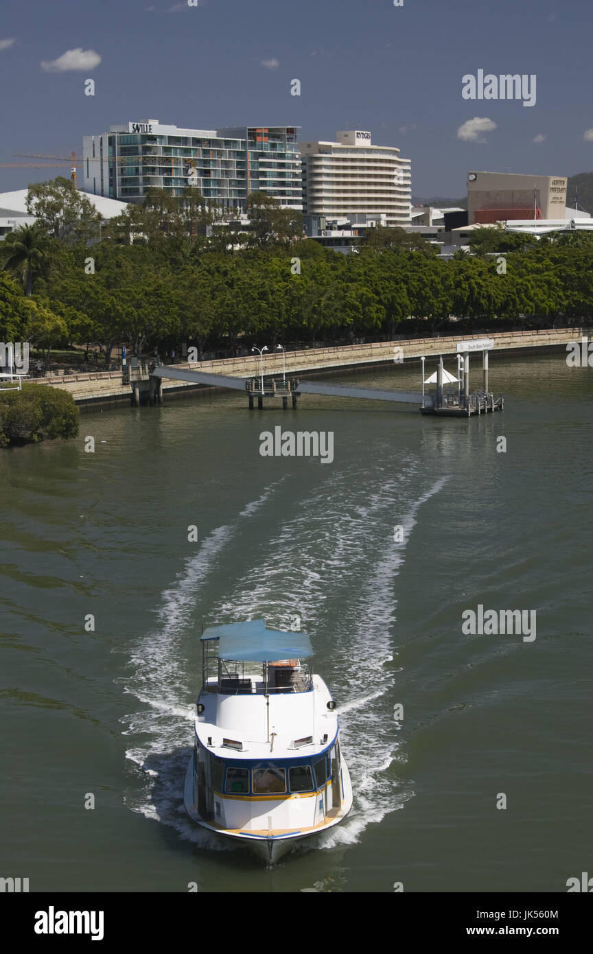 Australia, Queensland, Brisbane, Riverside Buildings of the Southbank District and Brisbane River Ferry, Stock Photo