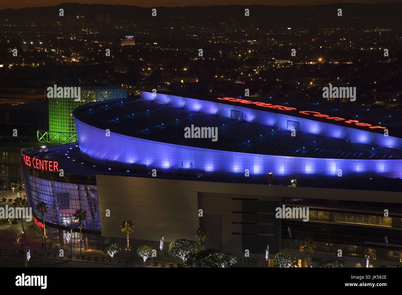 USA, California, Los Angeles, Downtown, aerial of Staples Center, dusk Stock Photo