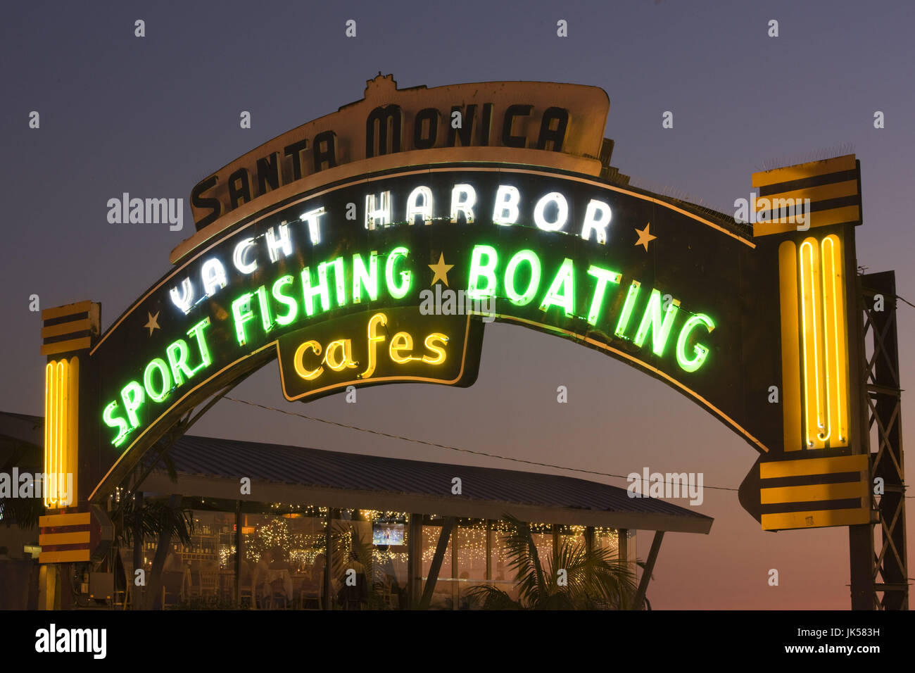 USA, California, Los Angeles, Santa Monica, Santa Monica Pier, sign, dusk Stock Photo
