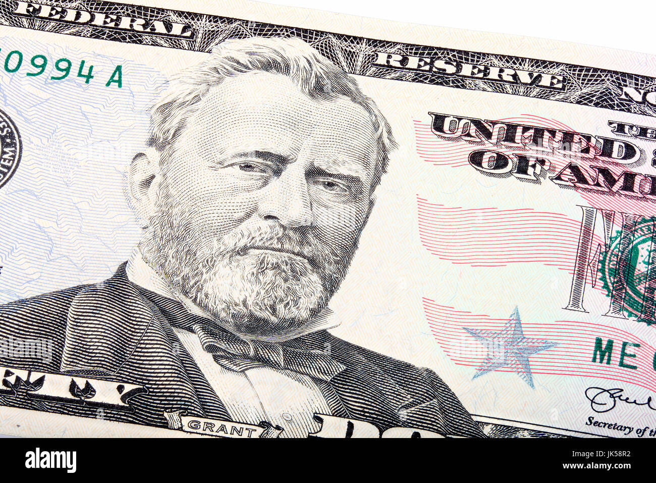 Stacked shot of a U.S. fifty 50 dollar bill close-up of Grant.  Stock Photo