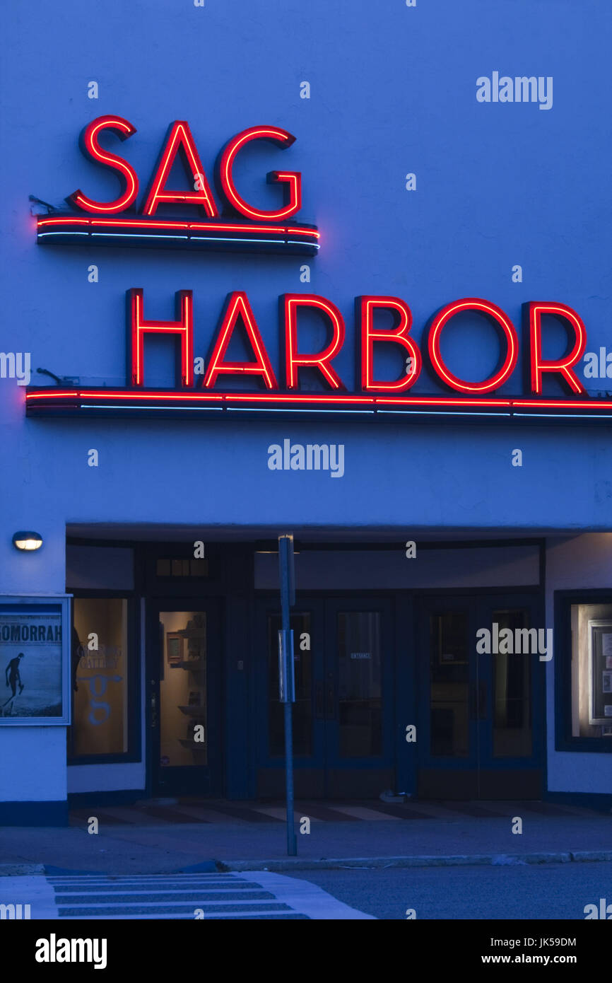 USA, New York, Long Island, Sag Harbor, Main Street, neon sign of the Sag Harbor theater Stock