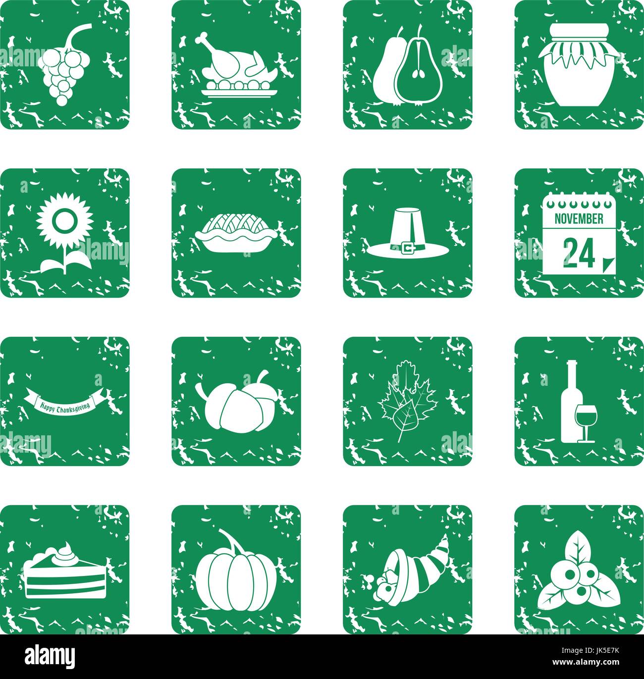 Thanksgiving icons set in grunge style green isolated vector ...