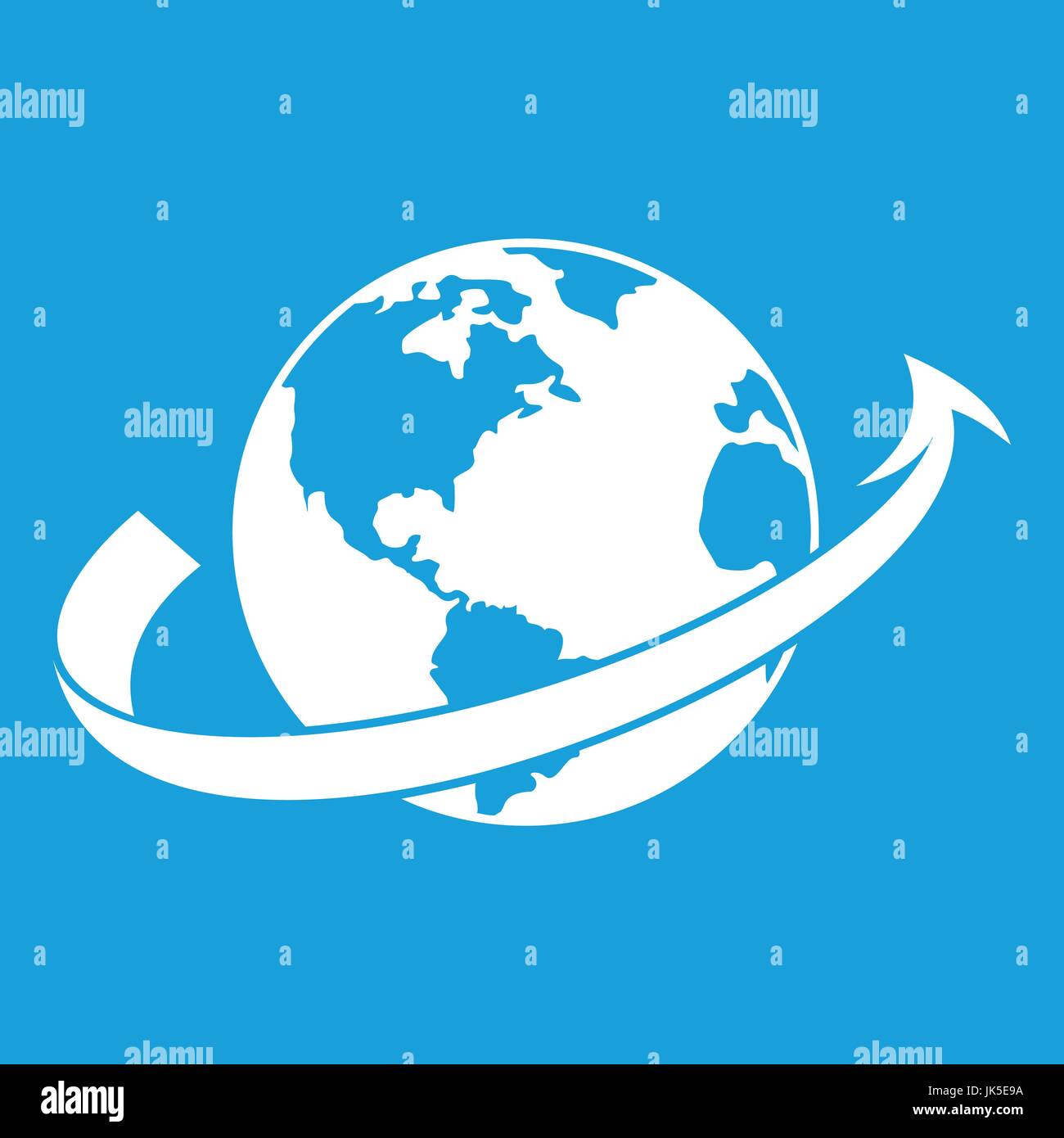 Airplane fly around the planet icon white isolated on blue background ...
