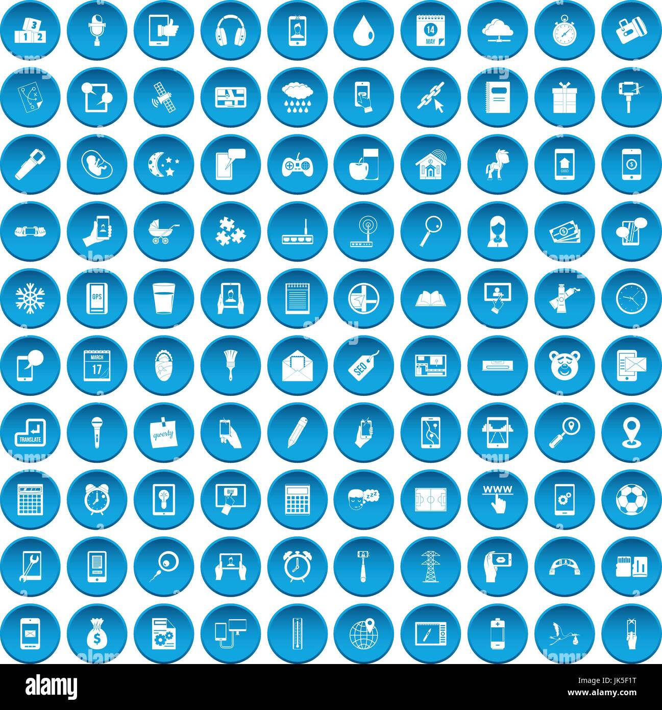 100 Mobile App Icons Set In Blue Circle Isolated On White Vector Illustration Stock Vector Image Art Alamy