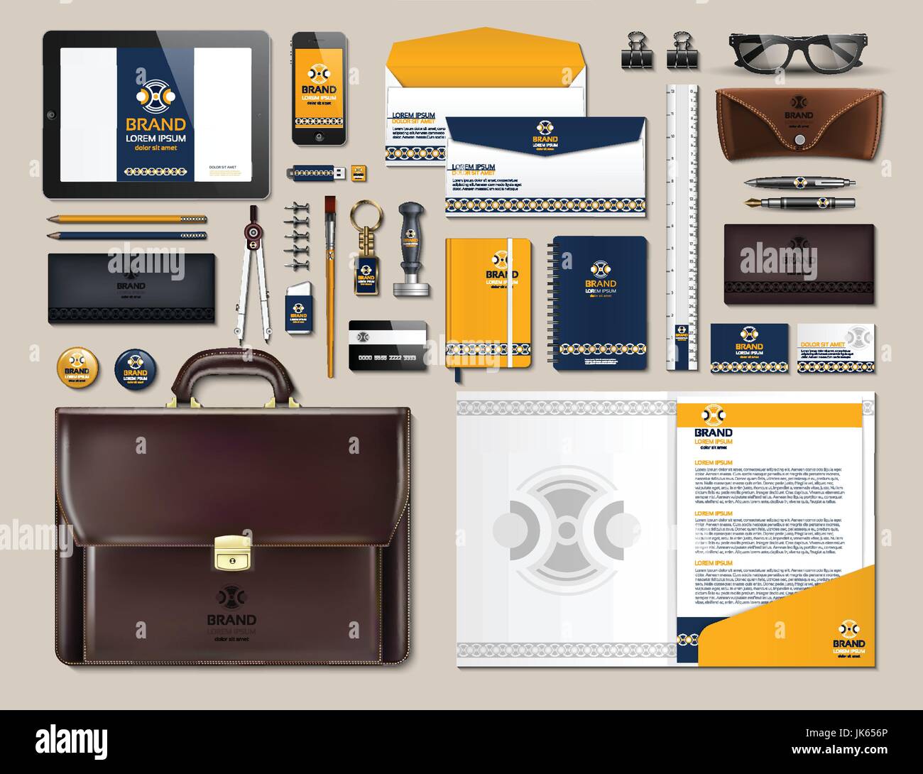 Business corporate identity items set. Vector working articles portofolio, glasses, phone, tablet, maps with brand logos. Work Stuff Stationery 3d rea Stock Vector