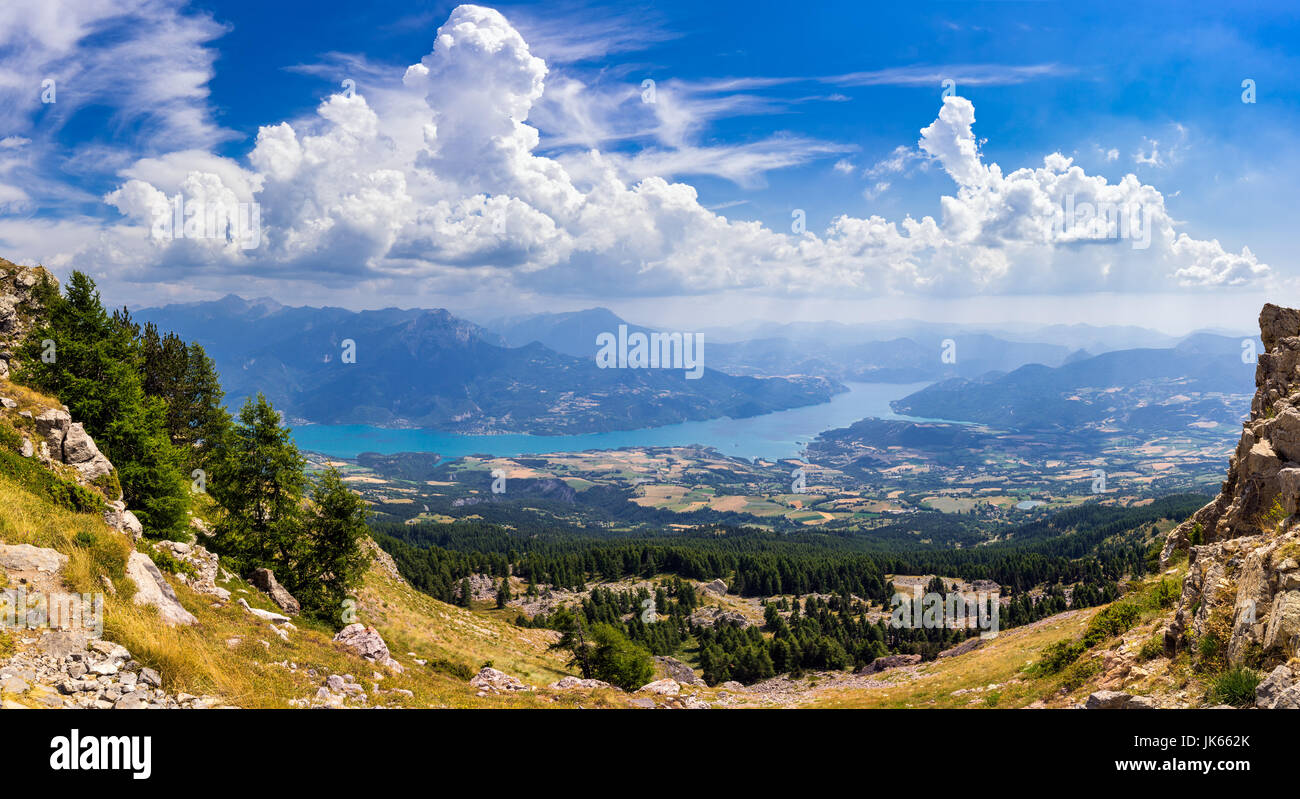 Elevated view of Serre-Poncon lake in summer from the Chabriere Needle. Alps, France Stock Photo