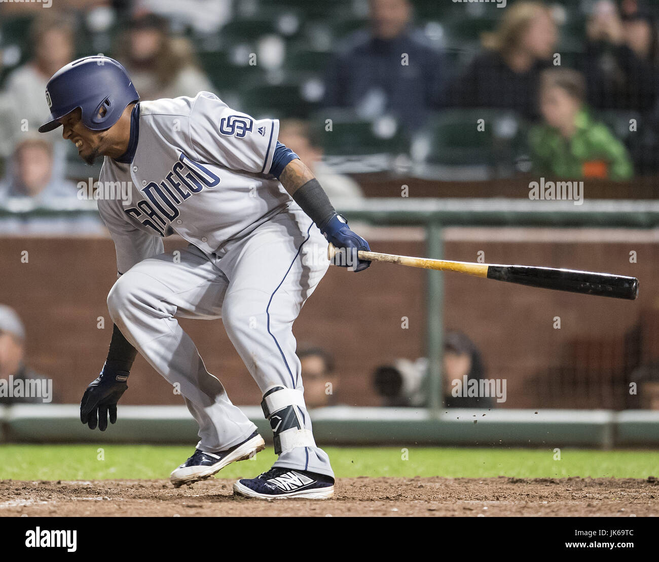 July 21, 2017: San Diego Padres shortstop Erick Aybar (8) after being  thrown out in a pickle between first and second base, during a MLB game  between the San Diego Padres and