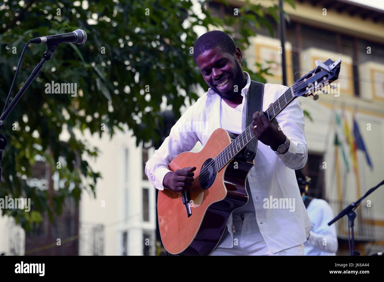 Alcala la Real, Jaen, Spain. 21st July, 2017. Etnosur festival. Toto St. Serpio Tomas 'Toto' was born in Luanda (Angola, Africa), during his performance on the stage of Etnosur. Etnosur is a festival of ethnic music that is celebrated annually in the south of Spain. M.Ramirez/Alamy Live News Stock Photo